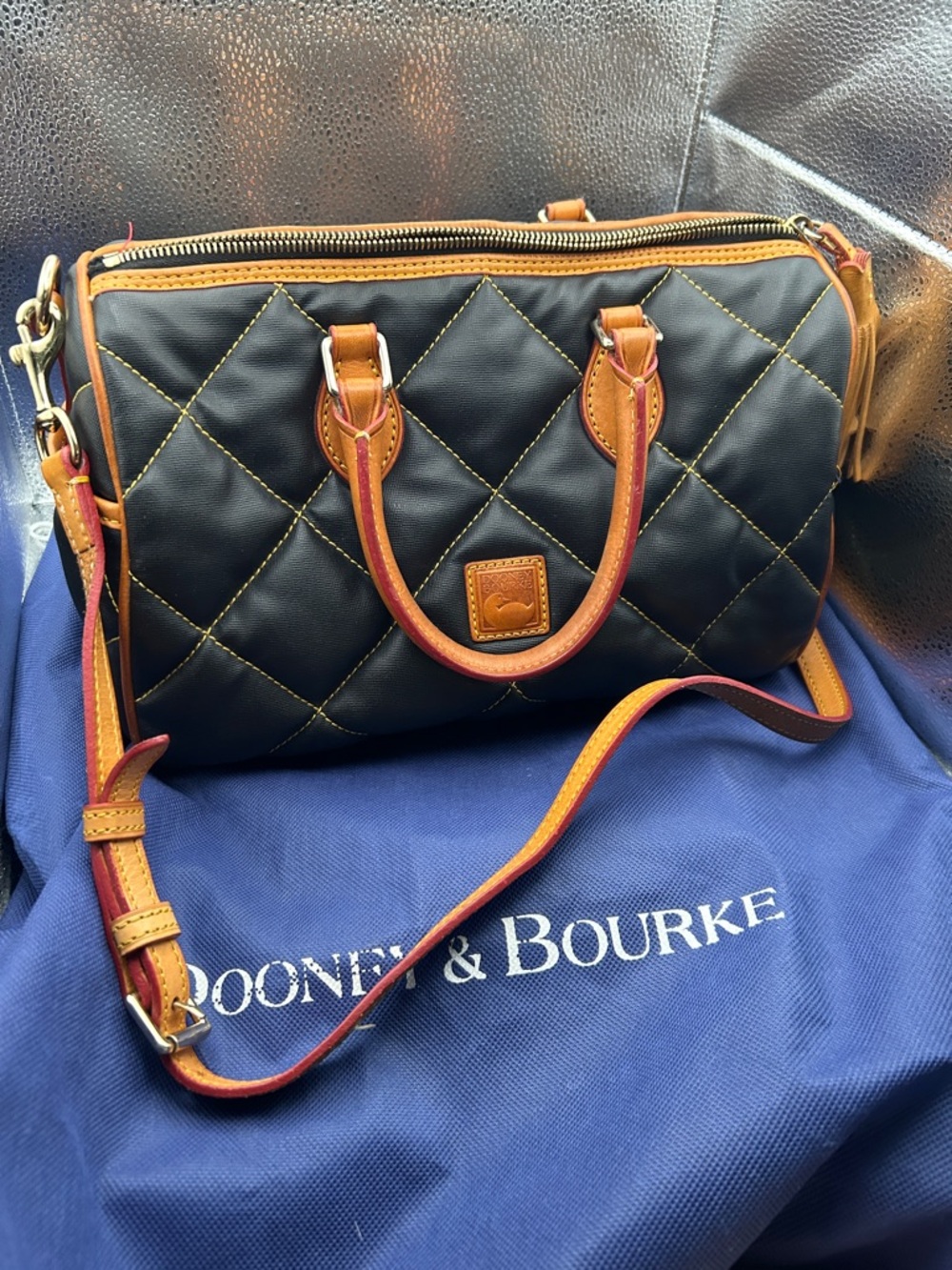 Dooney & Bourke Black Quilted Satchel with Tan Trim